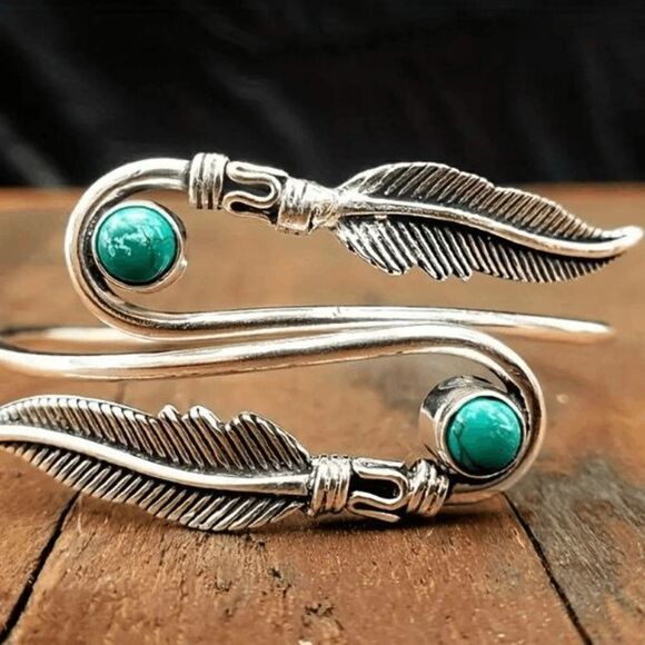 Boho Silver Turquoise Feather Open Bangle Arm Cuff Bracelet - Picture 2 of 4